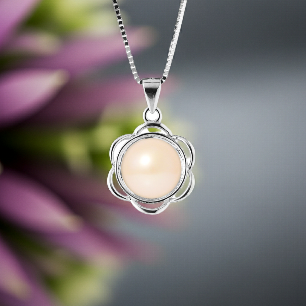 Collier fleur perle de culture rose bouton 8-9mm argent 925 – vue principale | Perlinea Kenvia