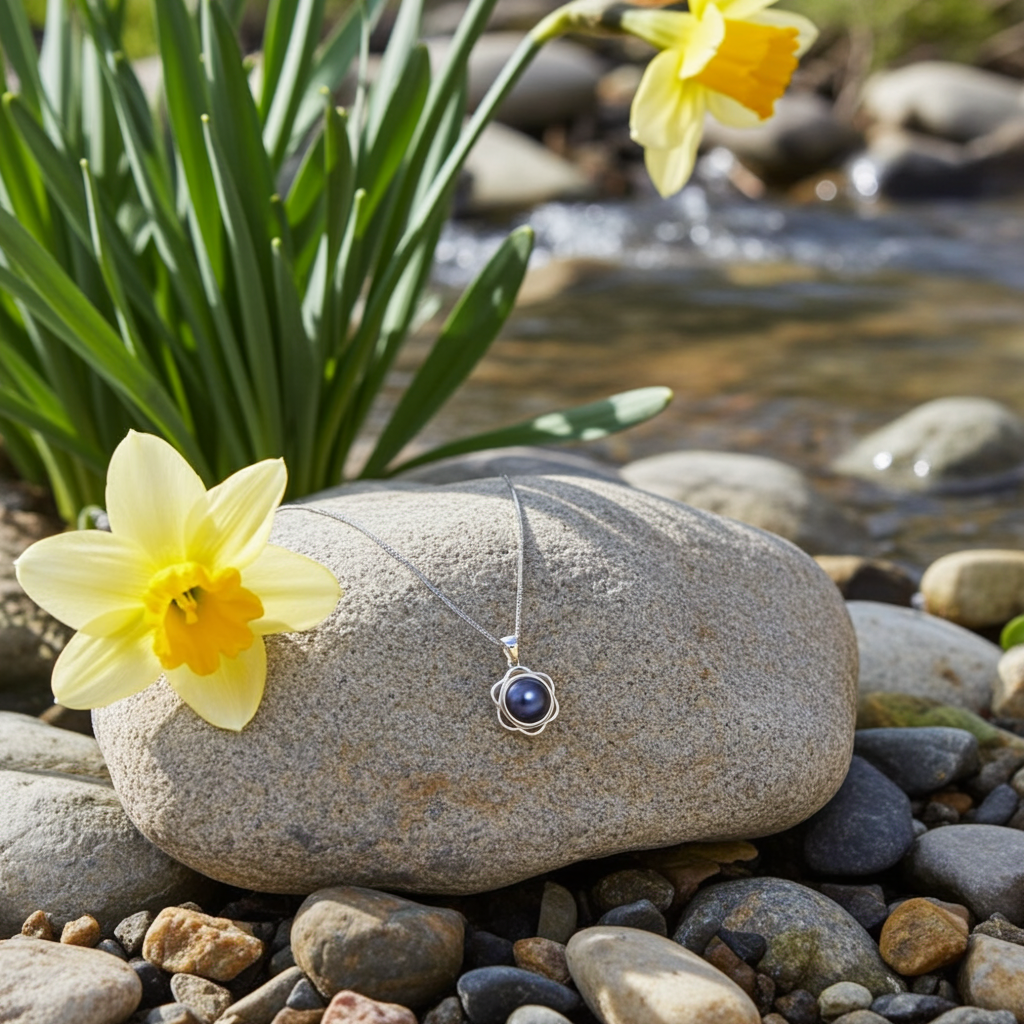 Collier fleur perle Tahiti noire 8-9mm – vue 3 argent 925 | Perlinea Kenvia