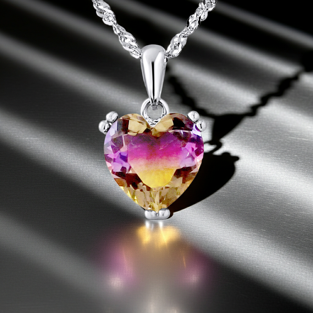 Collier cœur bicolore cristal violet et jaune en argent 925 – vue détail sur fond sombre | kenvia