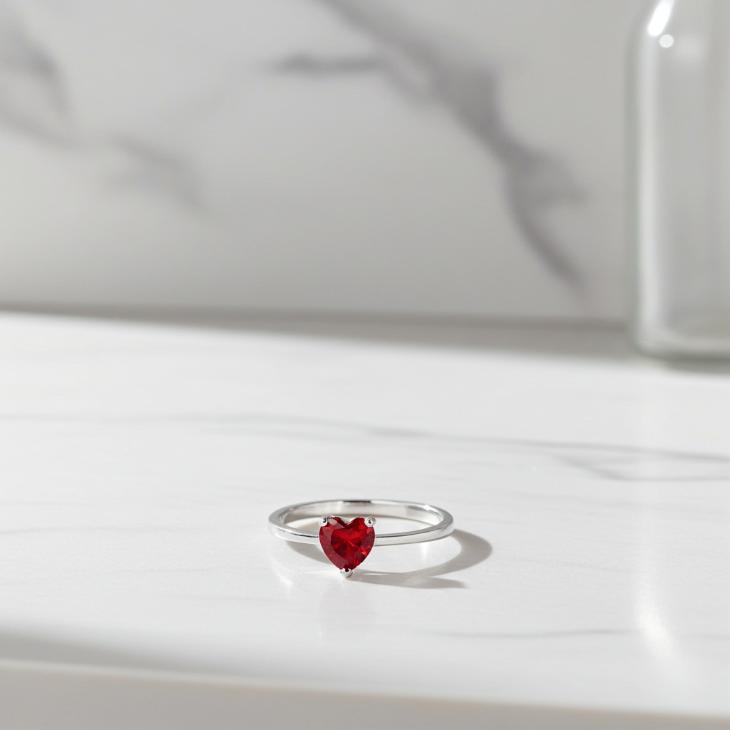 Bague cœur cristal rouge argent 925 ajustable, vue de dessus fond marbre blanc – Kenvia