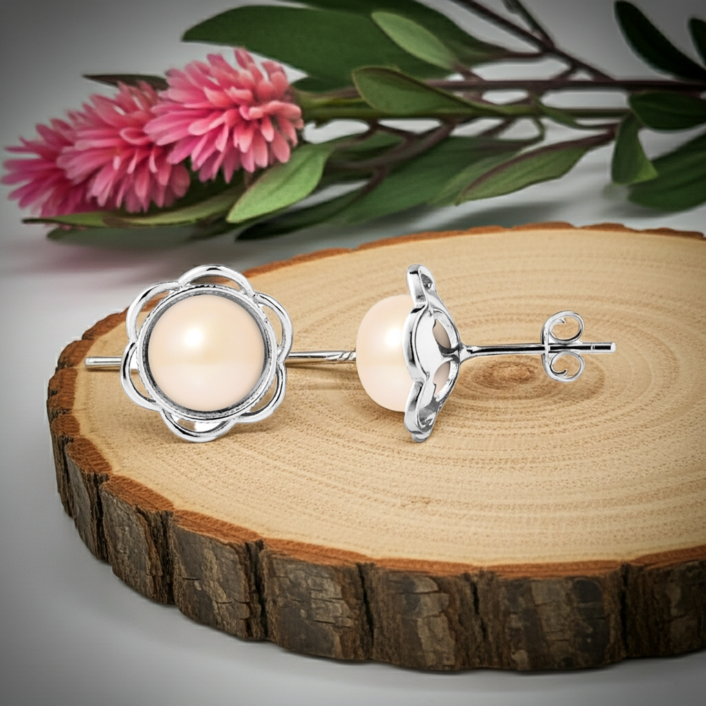 Boucles d'oreilles fleur perles roses 8-9mm argent 925 – vue présentoir | Perlinea Kenvia