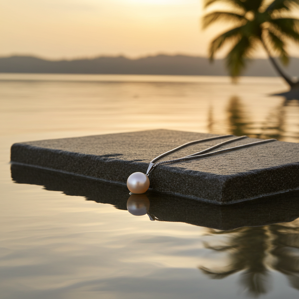 Collier perle rose PERLINEA porté en ambiance estivale au coucher de soleil - kenvia