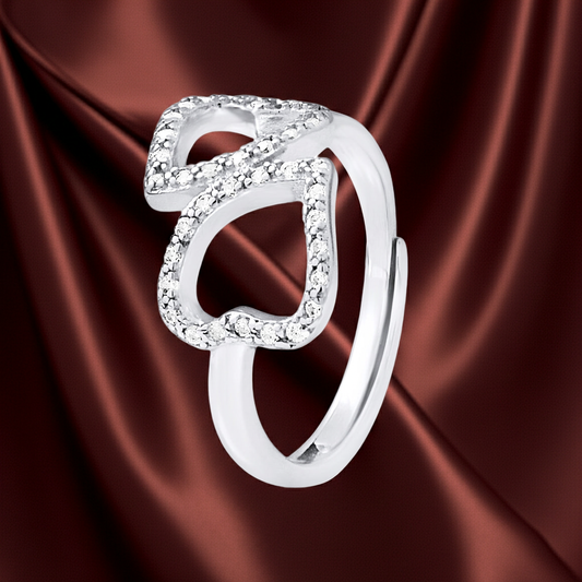 Bague double cœur ajustable en argent 925 ornée de zirconiums – vue principale | kenvia
