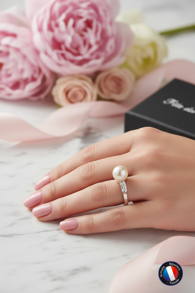 Bague perle eau douce rose réglable argent 925 – vue 2 | Perlinea Kenvia