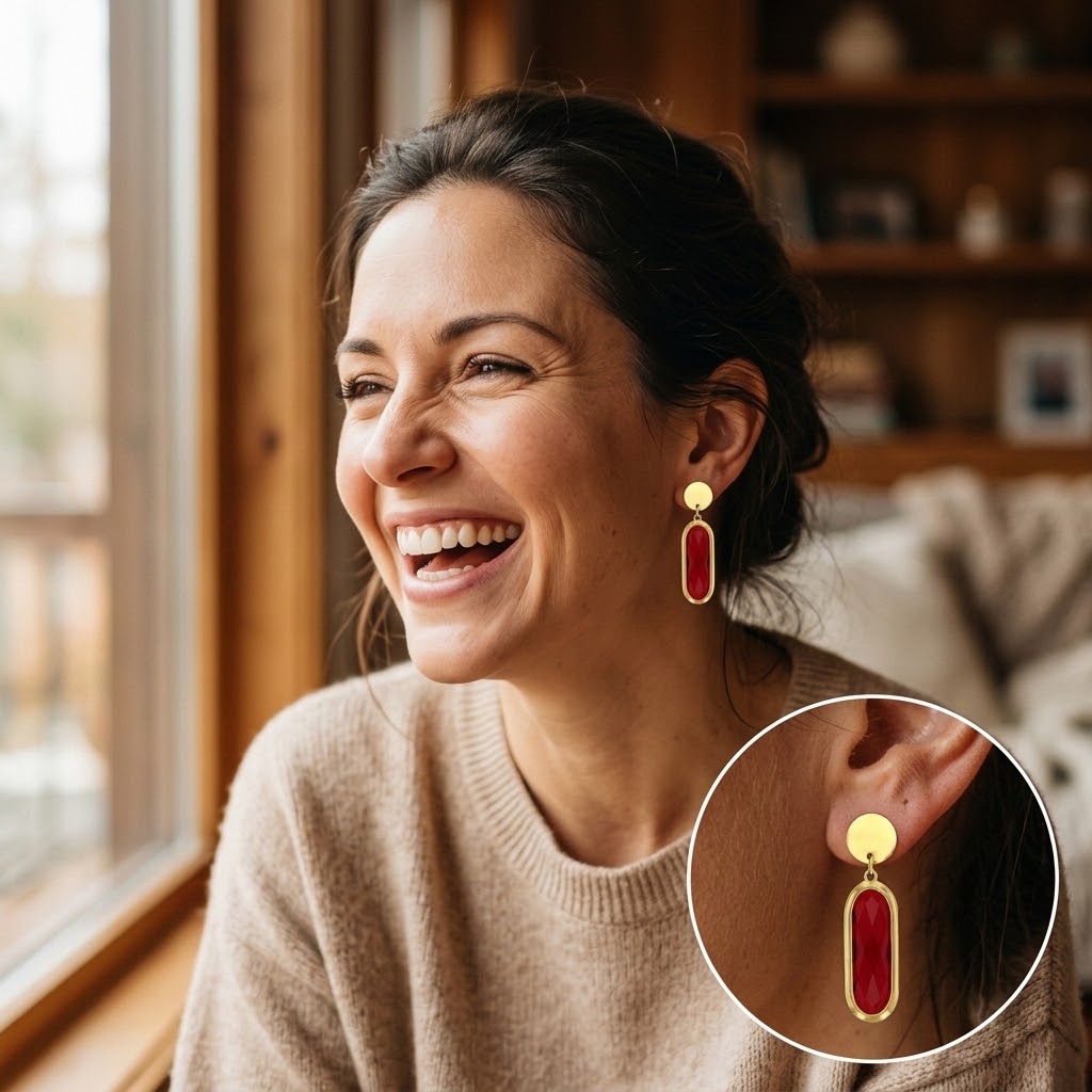 Portrait d’une femme portant une boucle d’oreille rouge à finition dorée - KENVIA