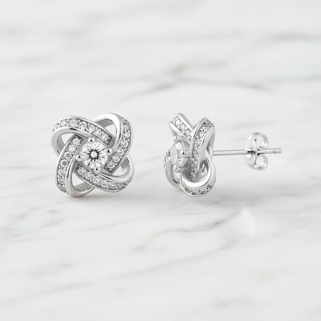 Détail boucles d'oreilles nœuds argent 925 rhodié et oxyde de zirconium blanc - KENVIA