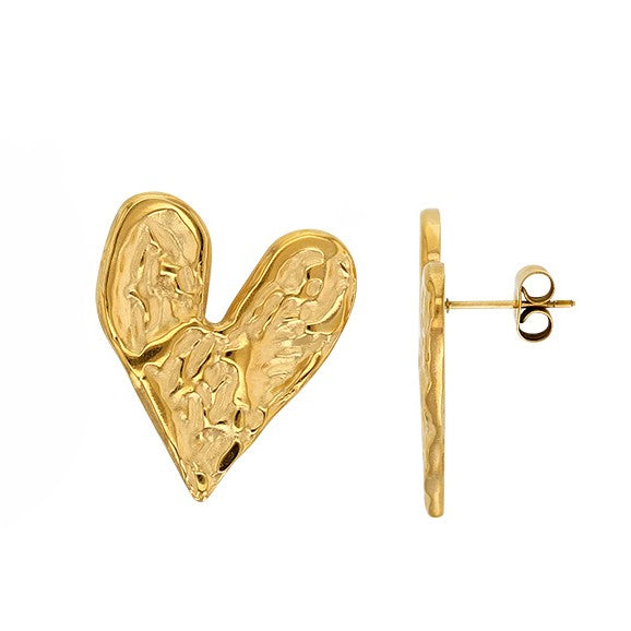 Boucles d'oreilles cœur aspect martelé acier inoxydable 316L finition dorée vue de face et de profil fond blanc - KENVIA