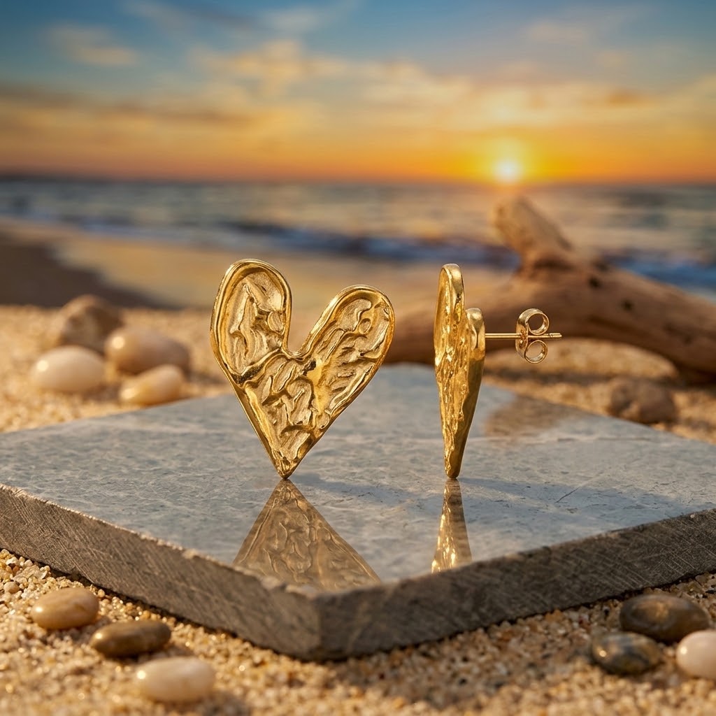 Boucles d'oreilles cœur martelé acier inoxydable 316L doré posées sur fond sable ambiance coucher de soleil - KENVIA