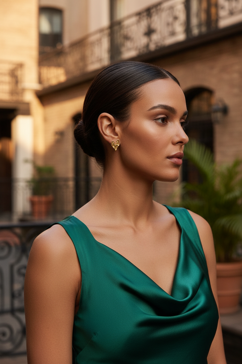Boucles d'oreilles cœur martelé finition dorée portées par une femme en tenue verte élégante - KENVIA 