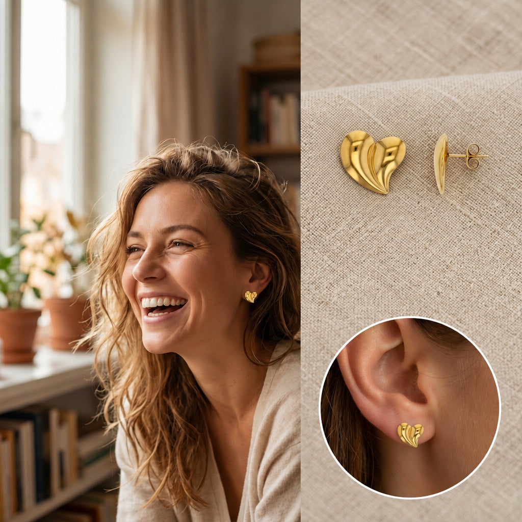 Femme portant les boucles d’oreilles cœur spirale dorées, avec 3 vues du bijou - KENVIA