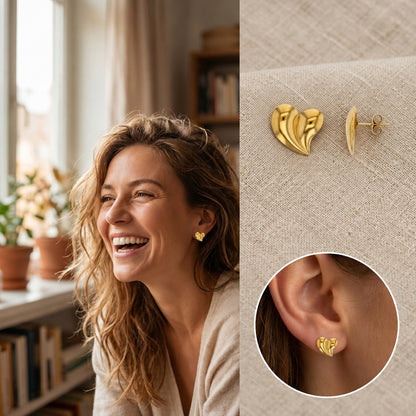 Femme portant les boucles d’oreilles cœur spirale dorées, avec 3 vues du bijou - KENVIA