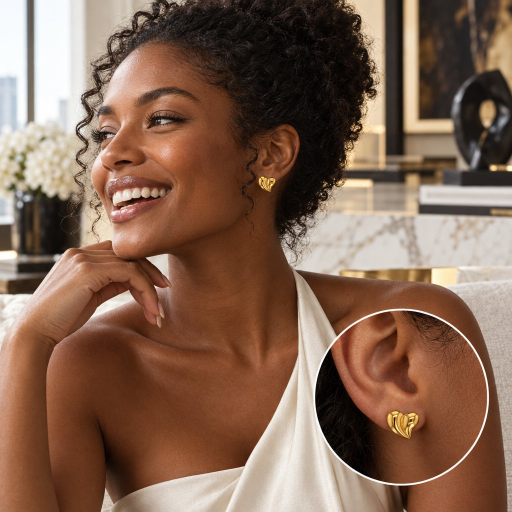 Portrait d’une femme portant les boucles d’oreilles cœur spirale dorées - KENVIA