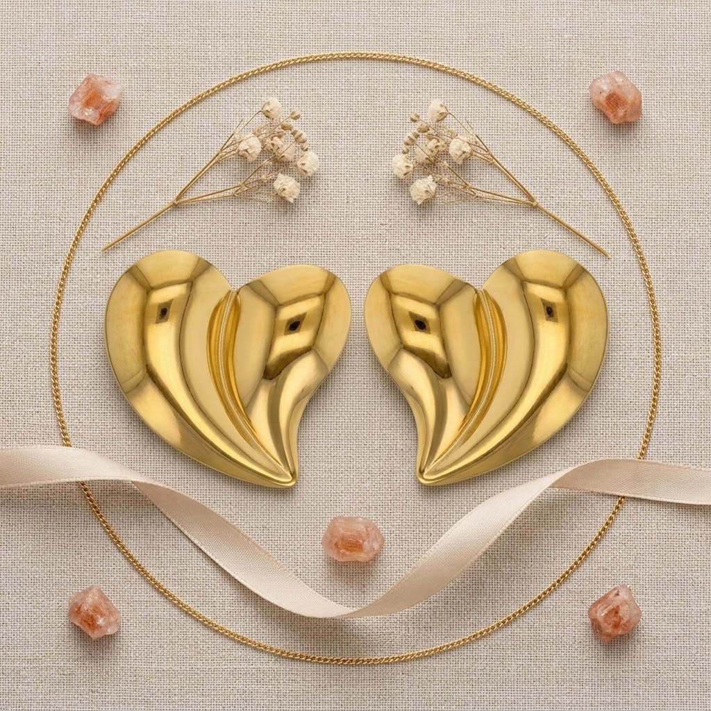 Boucles d’oreilles cœur spirale en acier inoxydable 316L finition dorées présentées dans une composition décorative - KENVIA
