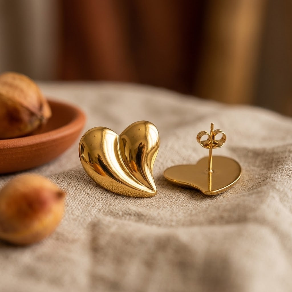 Boucles d’oreilles cœur spirale dorées posées sur une table - KENVIA