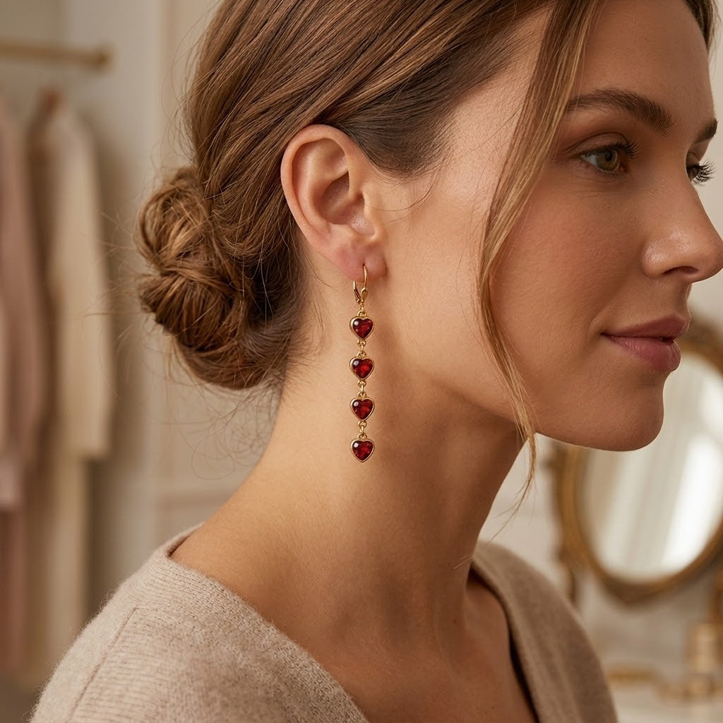 Femme de profil portant les boucles d’oreilles pendantes à cœurs rouges - KENVIA