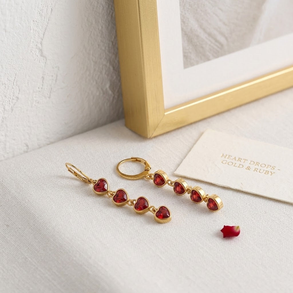 Boucles d’oreilles à cœurs rouges présentées avec des bijoux dorés - KENVIA