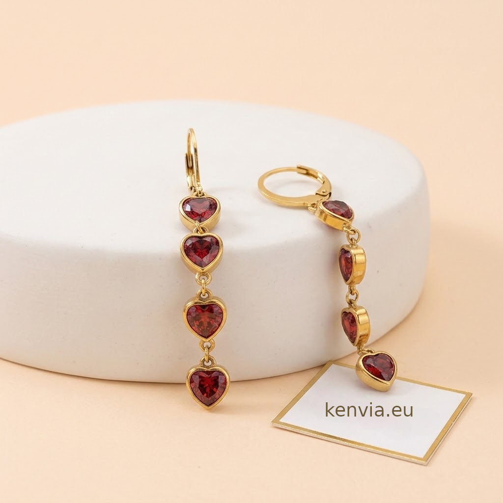 Mise en scène artistique des boucles d’oreilles à cœurs rouges et finition dorée  - KENVIA