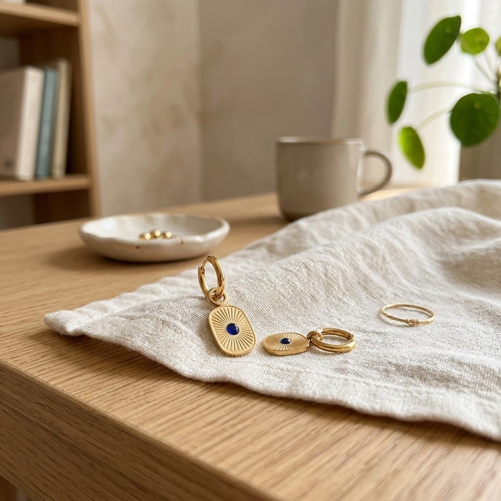 Boucles d’oreilles dorées avec pendentif en résine bleue posées sur une table claire - KENVIA