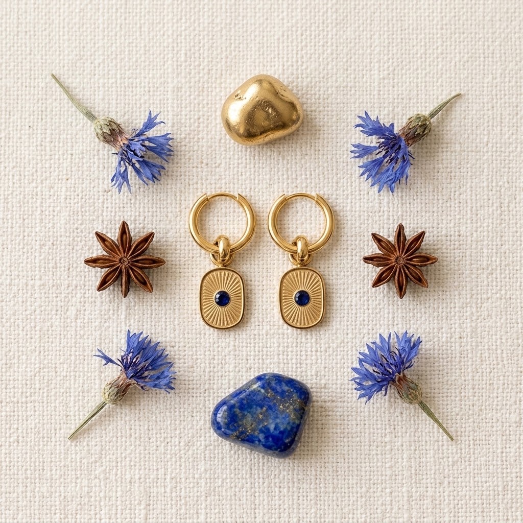 Boucles d’oreilles dorées et résine bleue présentées avec une sélection de fleurs et de matieres - KENVIA