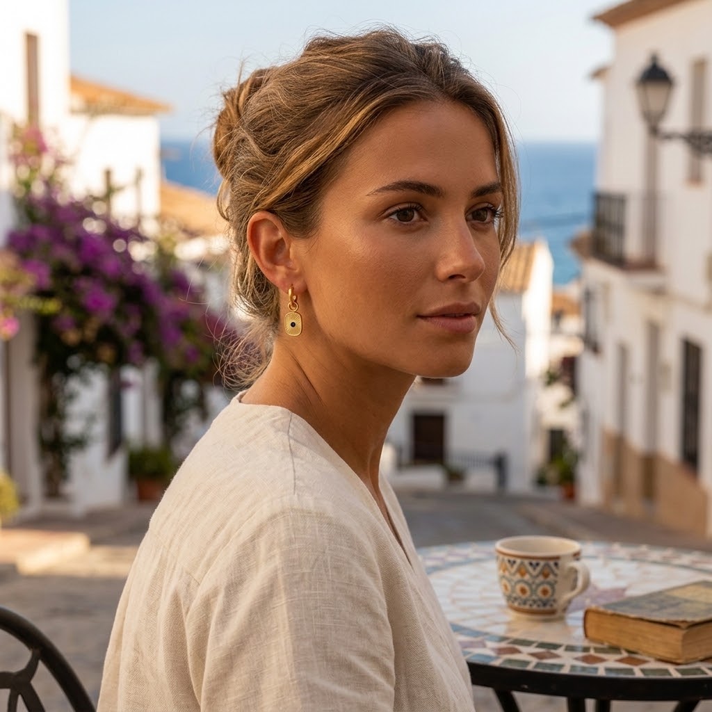 Femme portant les boucles d’oreilles dorées et résine bleue dans un bar a livres - KENVIA
