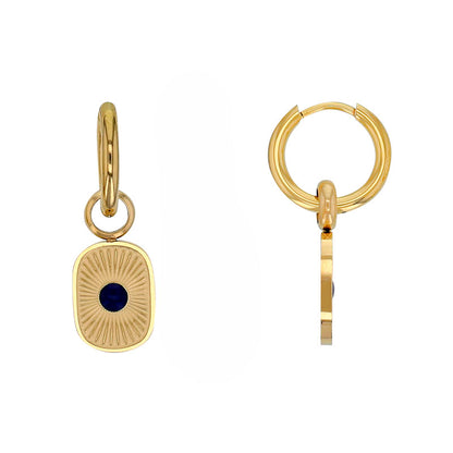 Boucles d’oreilles dorées avec pendentif carré strié et centre en résine bleue - KENVIA