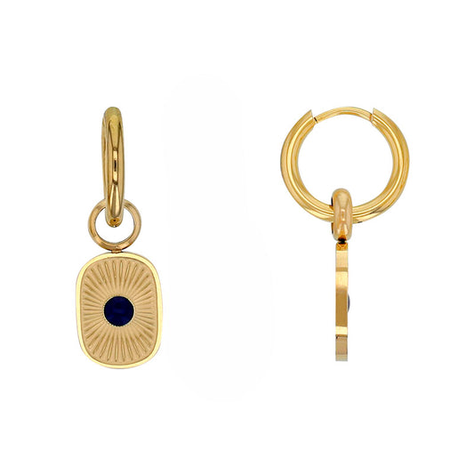 Boucles d’oreilles dorées avec pendentif carré strié et centre en résine bleue - KENVIA