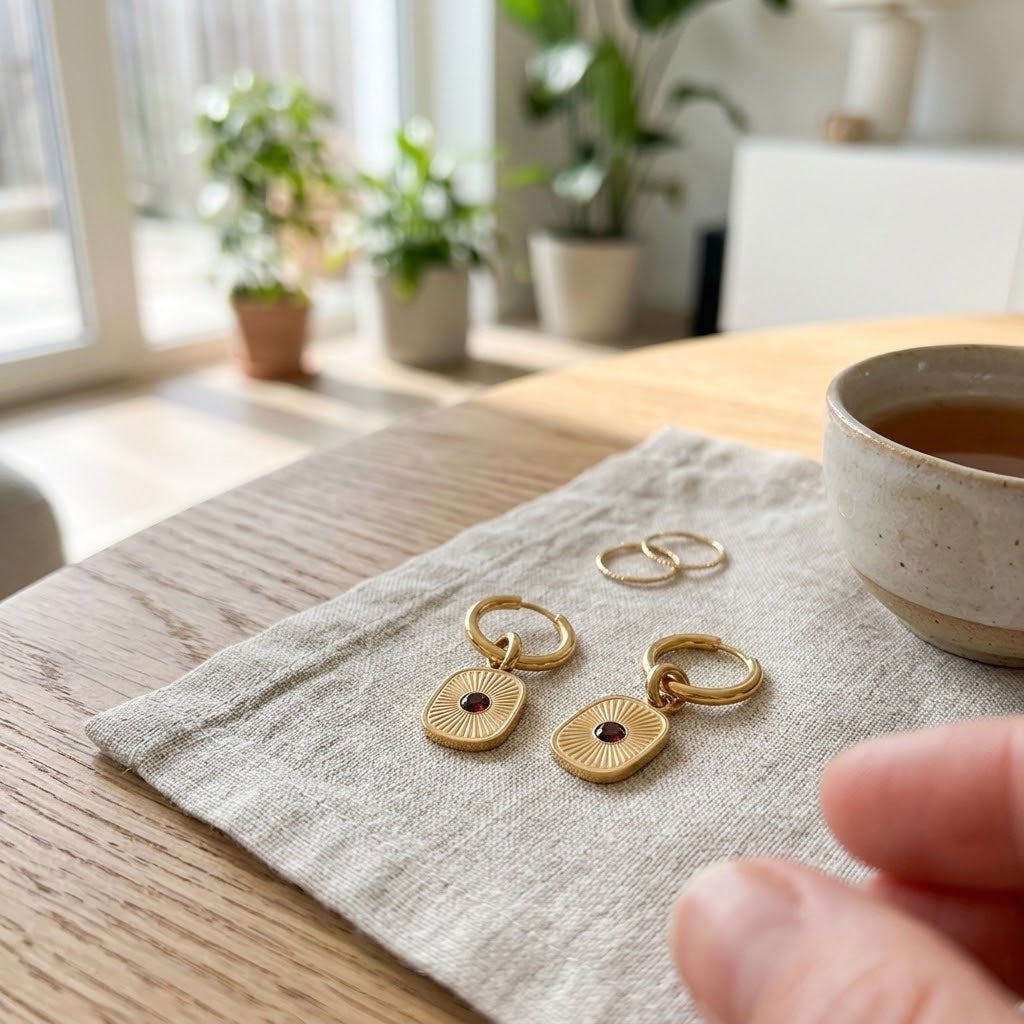 Boucles d’oreilles dorées et résine marron présentées dans un intérieur lumineux - KENVIA