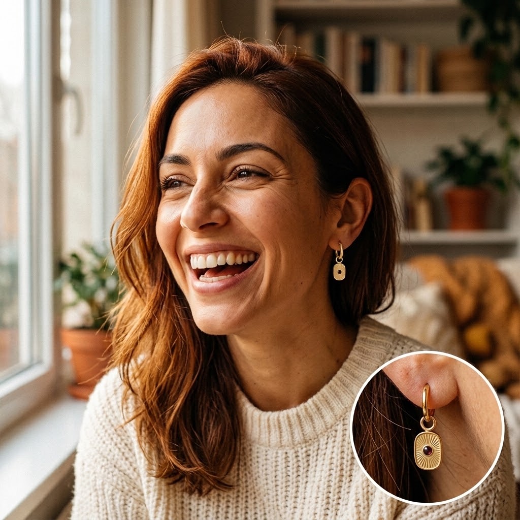 Femme souriante portant les boucles d’oreilles dorées à résine marron - KENVIA