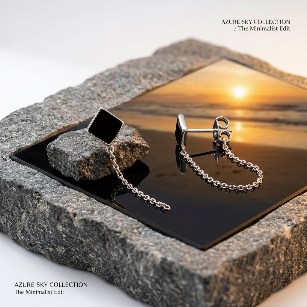 Boucles d’oreilles à losange noir et chaîne argentée présentées sur une pierre grise et un miroir reflétant un coucher de soleil - KENVIA
