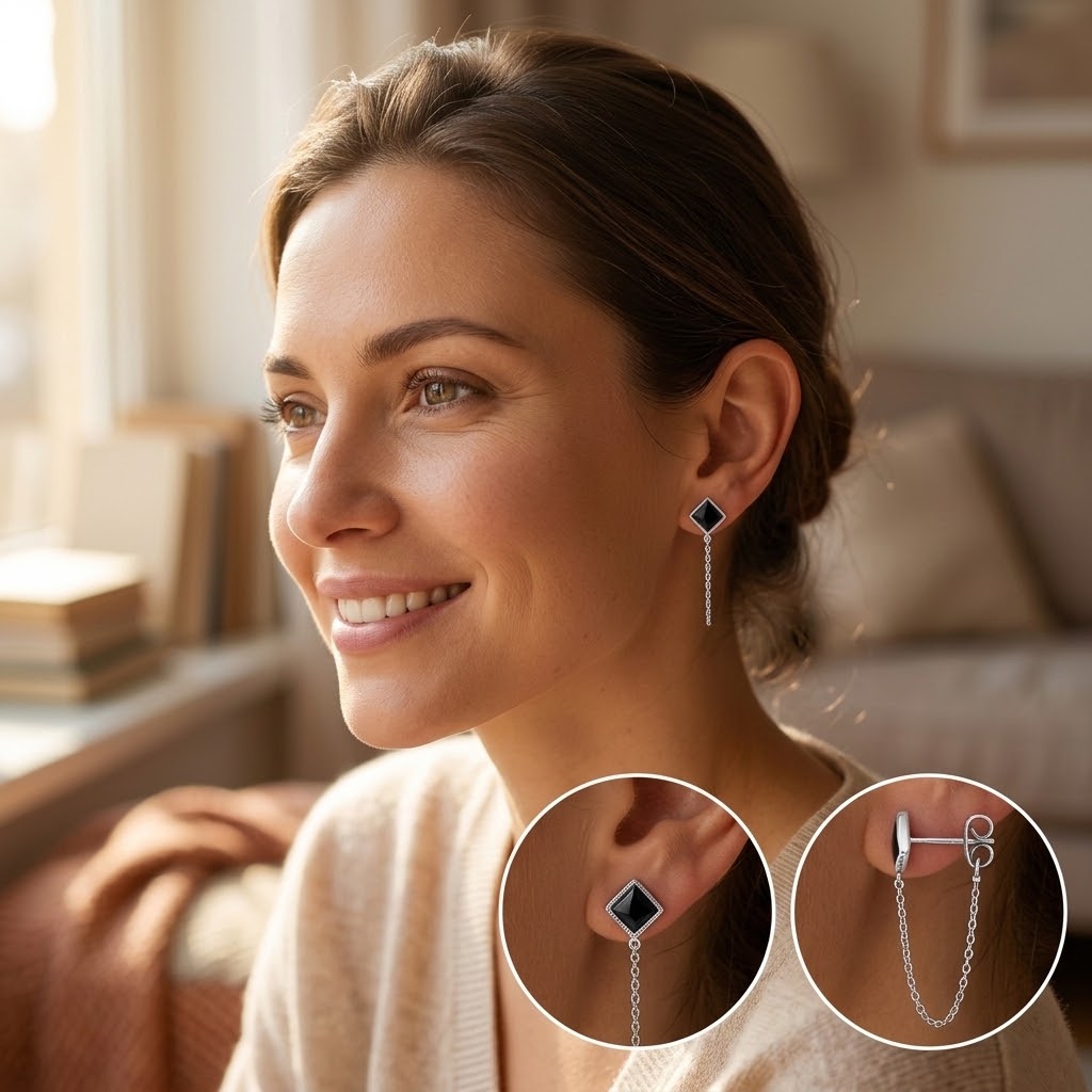Femme souriante portant une boucle d’oreille à losange noir et chaîne argentée, avec deux plans du motif et du fermoir poussette - KENVIA