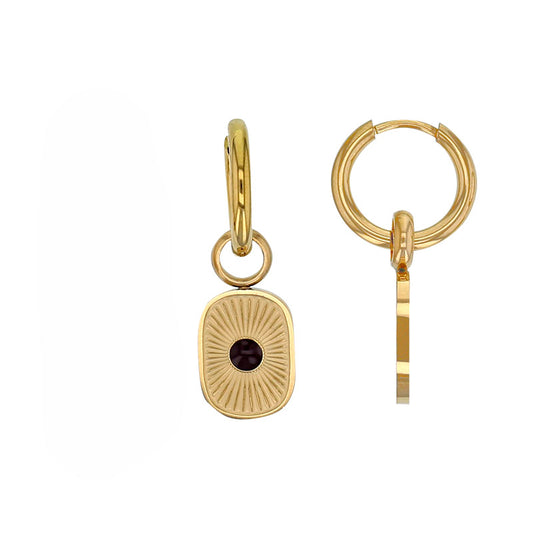 Boucles d’oreilles dorées à pendentifs rectangles striés et résine marron, vues de face et de profil - KENVIA