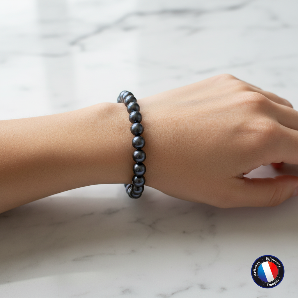 Bracelet porte bonheur perles Black Tahiti – vue portée au poignet | Perlinea Kenvia