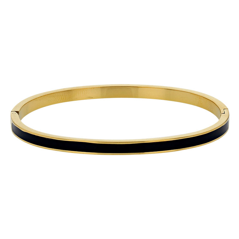 Bracelet jonc fin en acier inoxydable 316L à finition dorée avec ligne d’émail noir, présenté seul sur fond clair - KENVIA