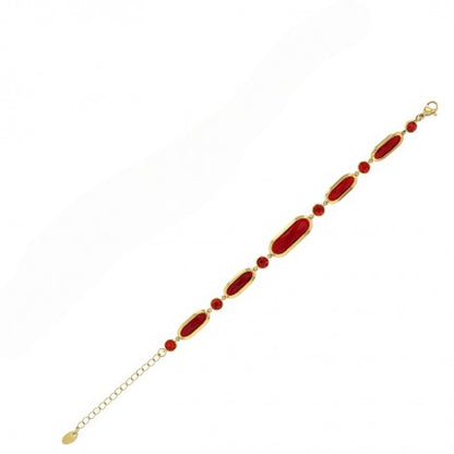 Bracelet en verre facetté rouge et acier inoxydable 316L à finition dorée, présenté à plat sur fond blanc - KENVIA