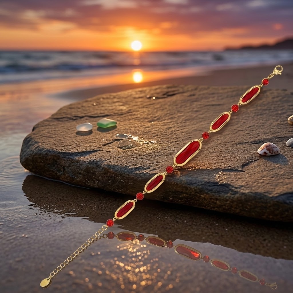 Bracelet en acier inoxydable 316L et  verre rouge à finition dorée mis en scène près de la mer au coucher du soleil - KENVIA