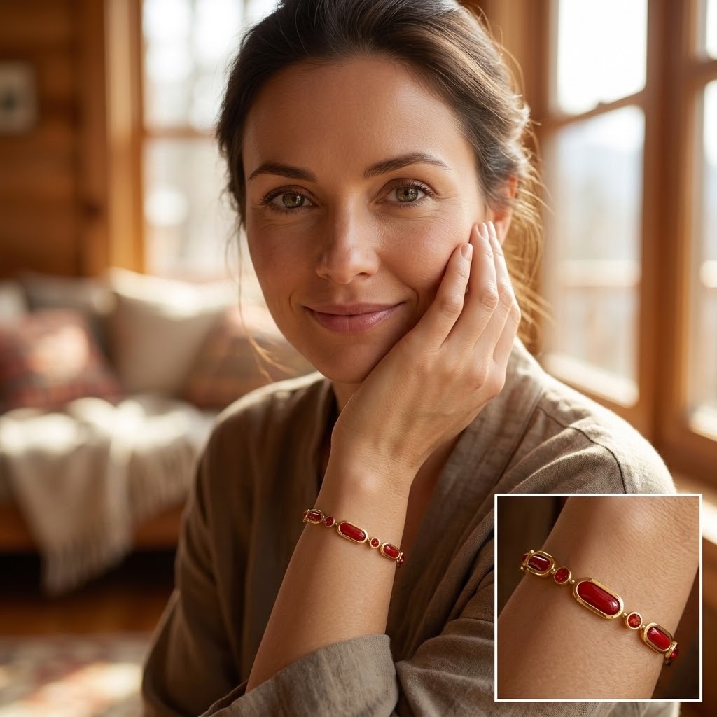 Femme présentant le bracelet en verre rouge et acier inoxydable 316L à finition dorée porté au poignet - KENVIA