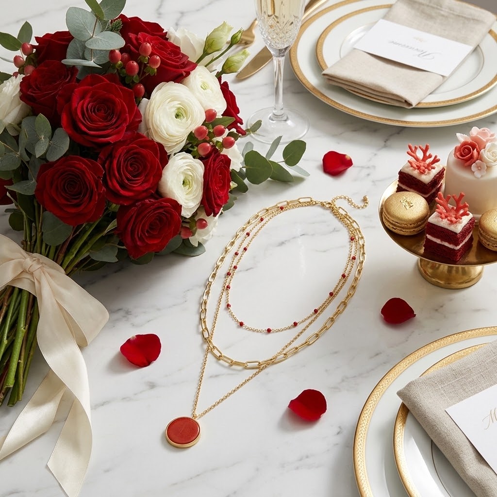  Collier 3 rangs agate rouge et résine posé sur une table avec décoration florale rouge - KENVIA
