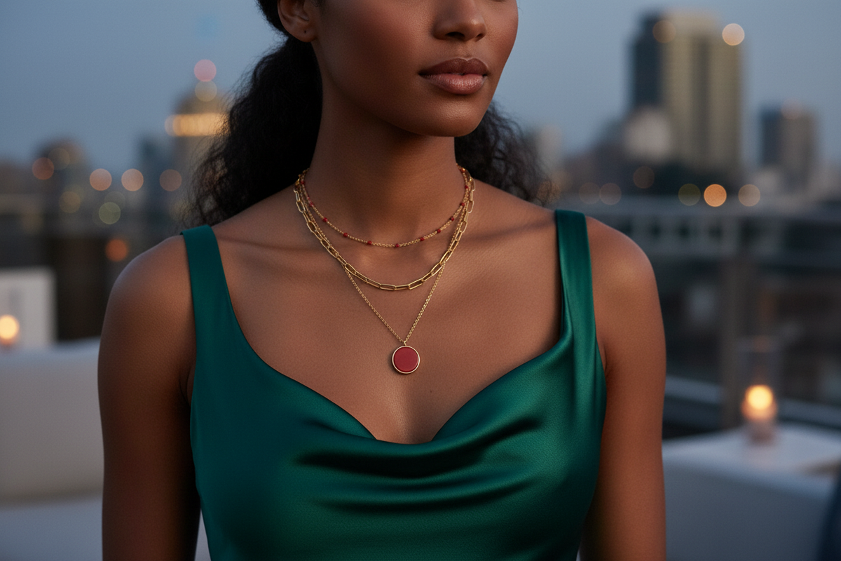 Collier 3 rangs agate rouge acier dore porté en extérieur cadre urbain - KENVIA