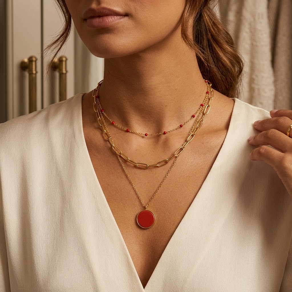 Collier 3 rangs agate rouge porté par une femme avec une tenue claire élégante - KENVIA