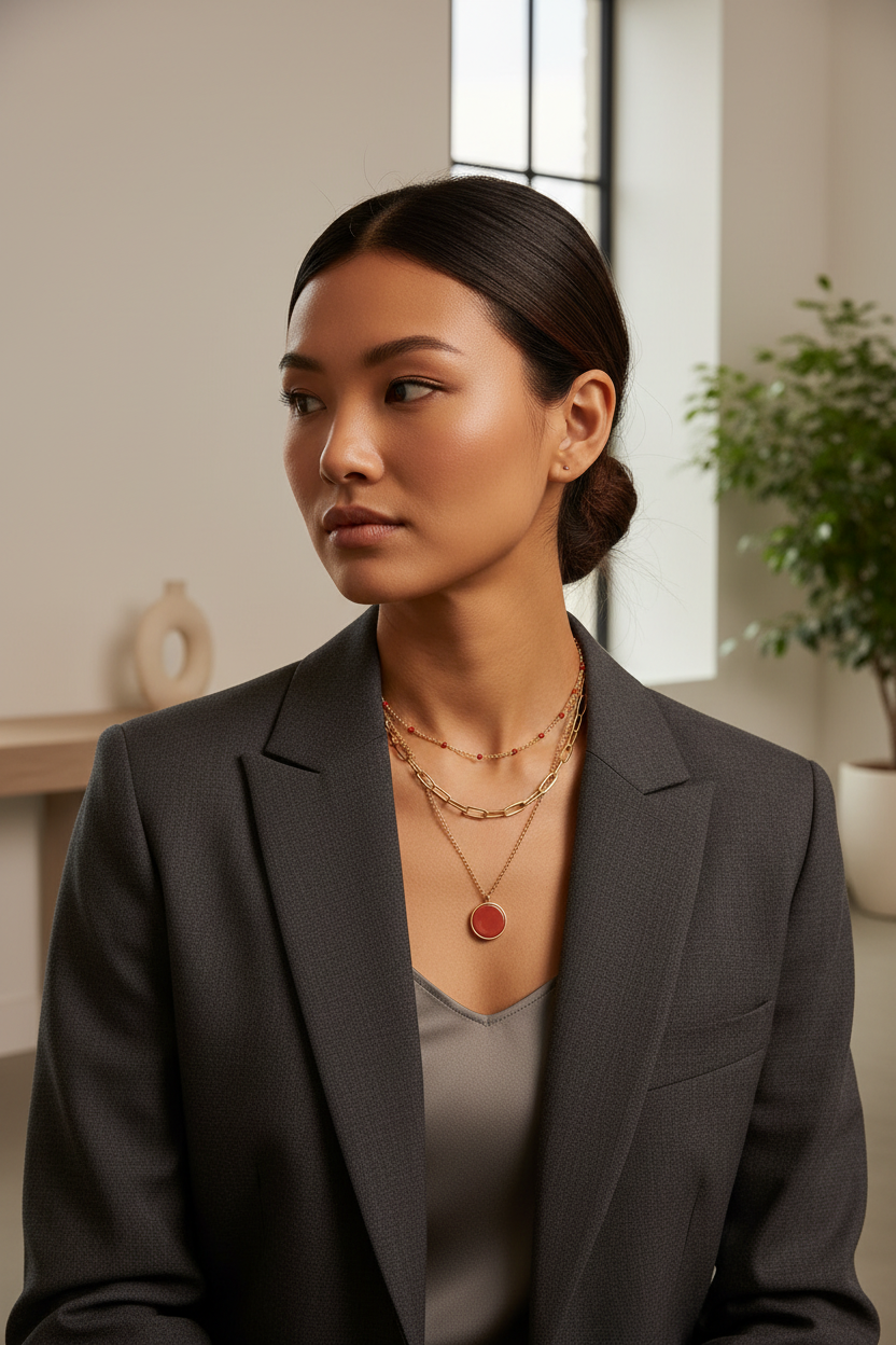 Collier 3 rangs agate rouge porté par une femme en tenue sombre dans un intérieur élégant - KENVIA