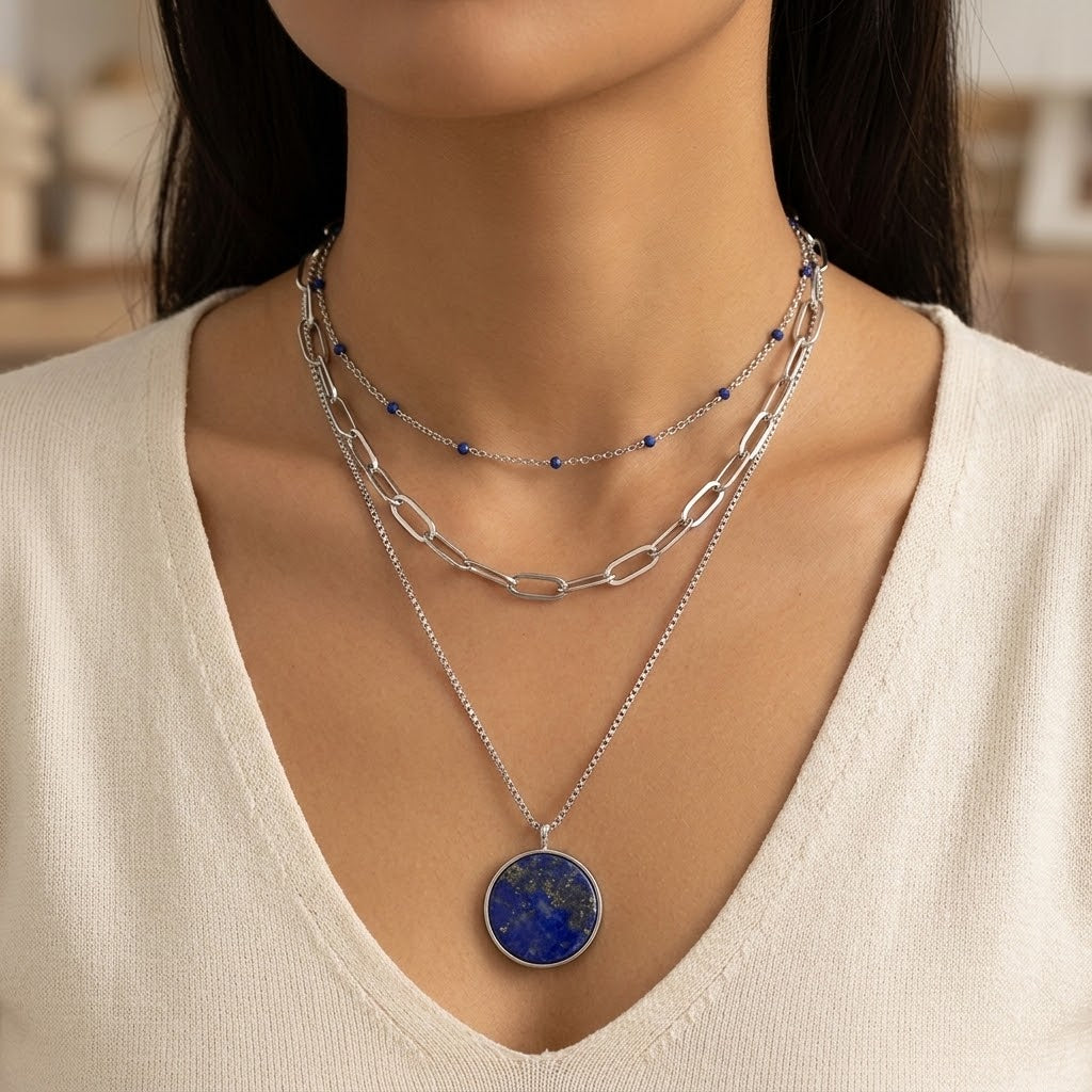 Collier 3 rangs lapis-lazuli porté sur décolleté – bijou acier inoxydable 316L – kenvia.eu
