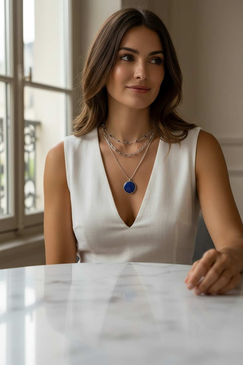 Collier 3 rangs lapis-lazuli et résine bleue porté par une femme – kenvia.eu
