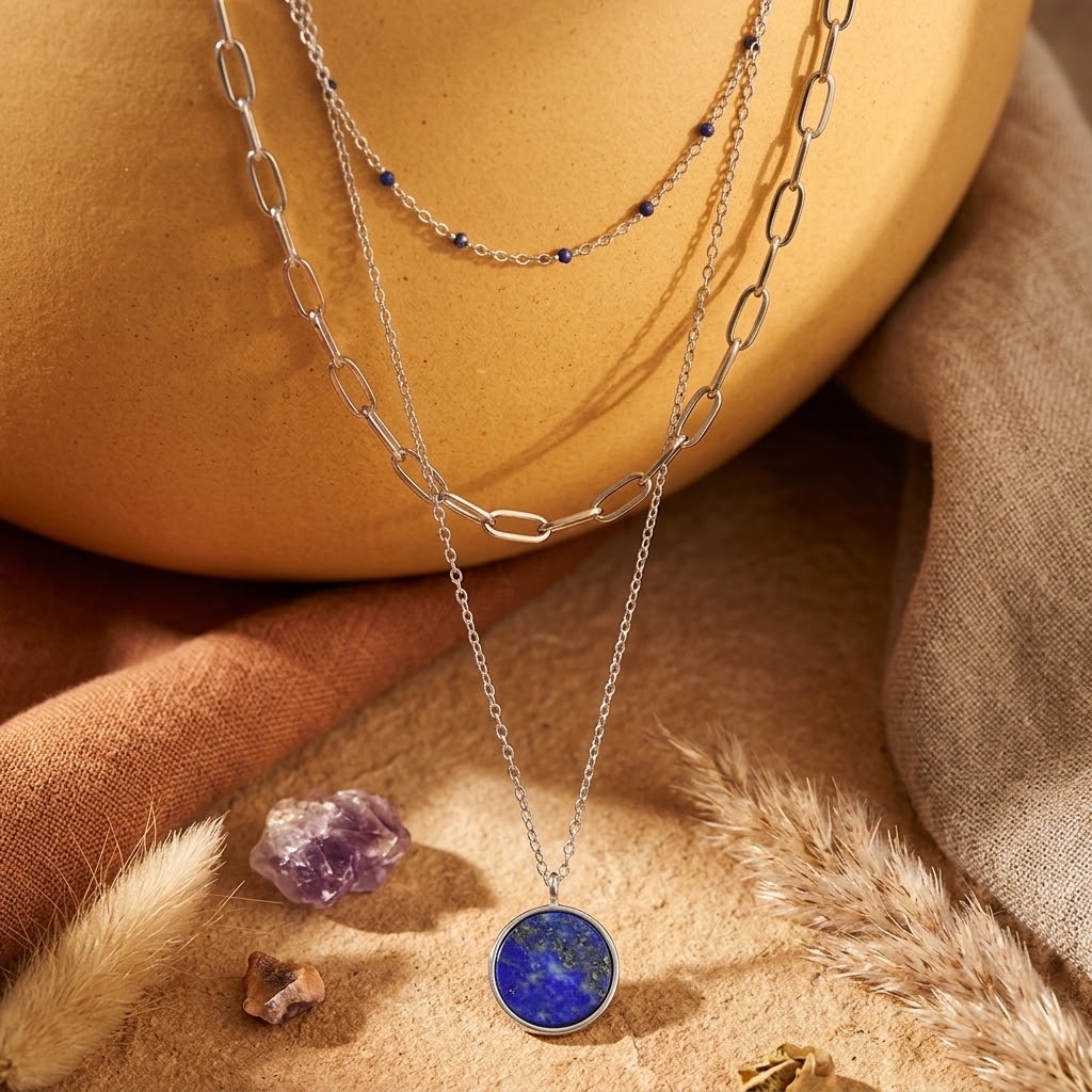 Vue en exterieur du collier 3 rangs acier inoxydable 316L avec pendentif lapis-lazuli bleu – kenvia.eu