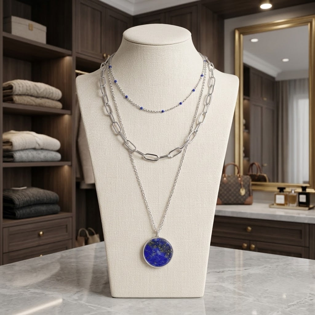 Pendentif sur bustier lapis-lazuli traité du collier 3 rangs – acier inoxydable 316L – kenvia.eu