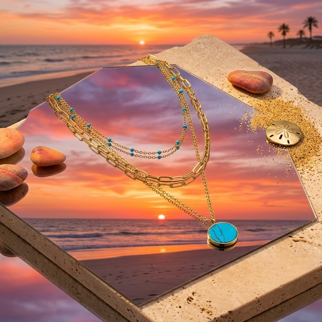 Collier 3 rangs turquoise acier doré posé sur fond coucher de soleil ambiance chaleureuse - KENVIA