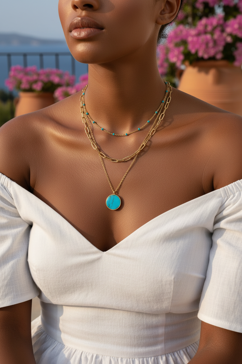 Collier 3 rangs turquoise porté avec une tenue blanche fond jardin look élégant - KENVIA