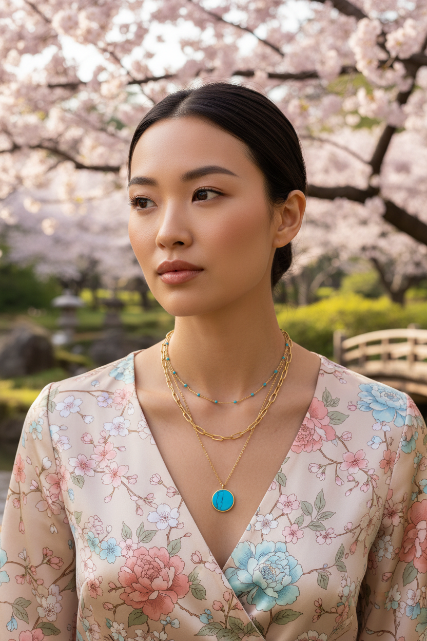 Collier 3 rangs turquoise porté par une femme en tenue colorée en extérieur - KENVIA