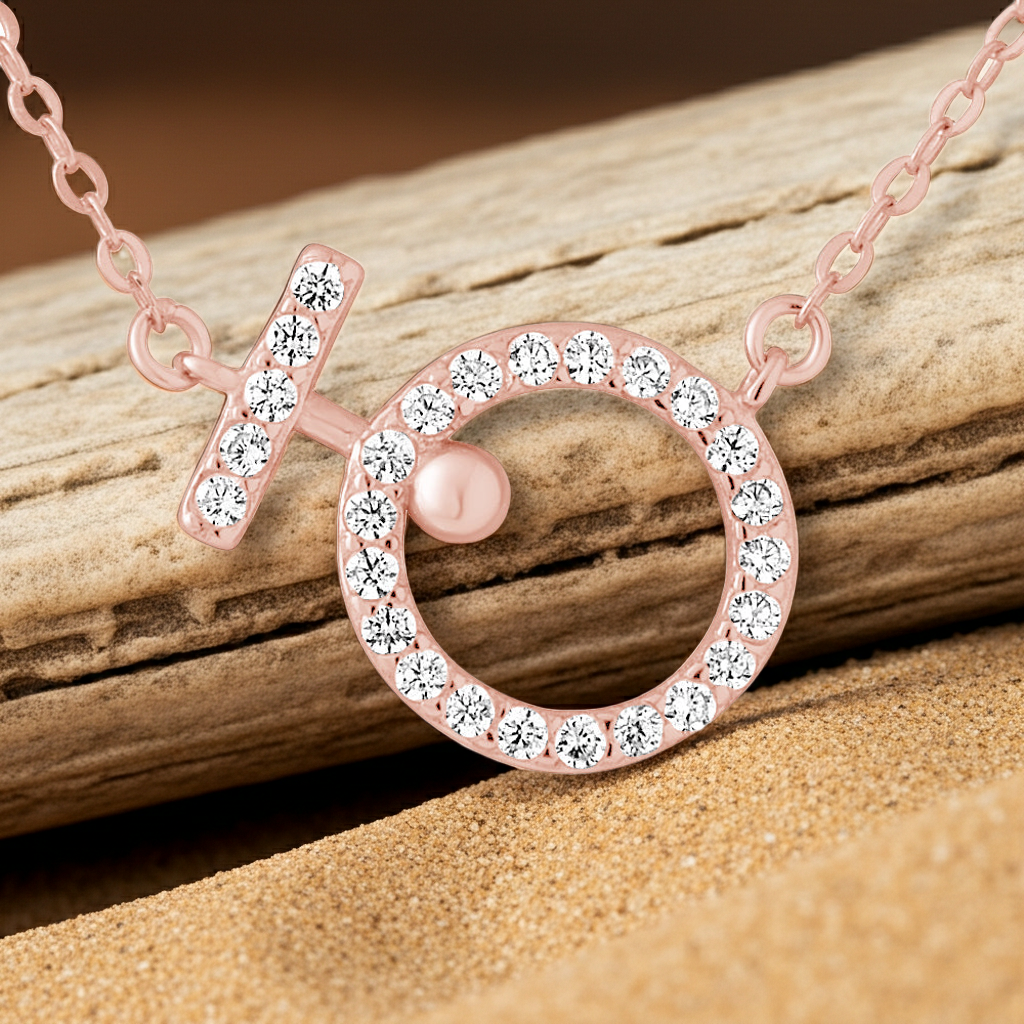 Collier pendentif cercle serti zirconium or rose – détail sur surface naturelle