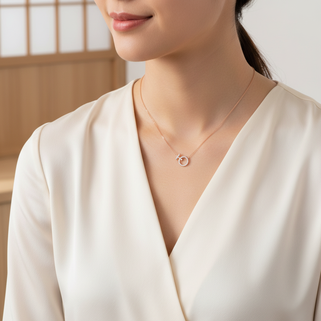 Collier cercle zirconium argent 925 porté sur décolleté – tenue élégant