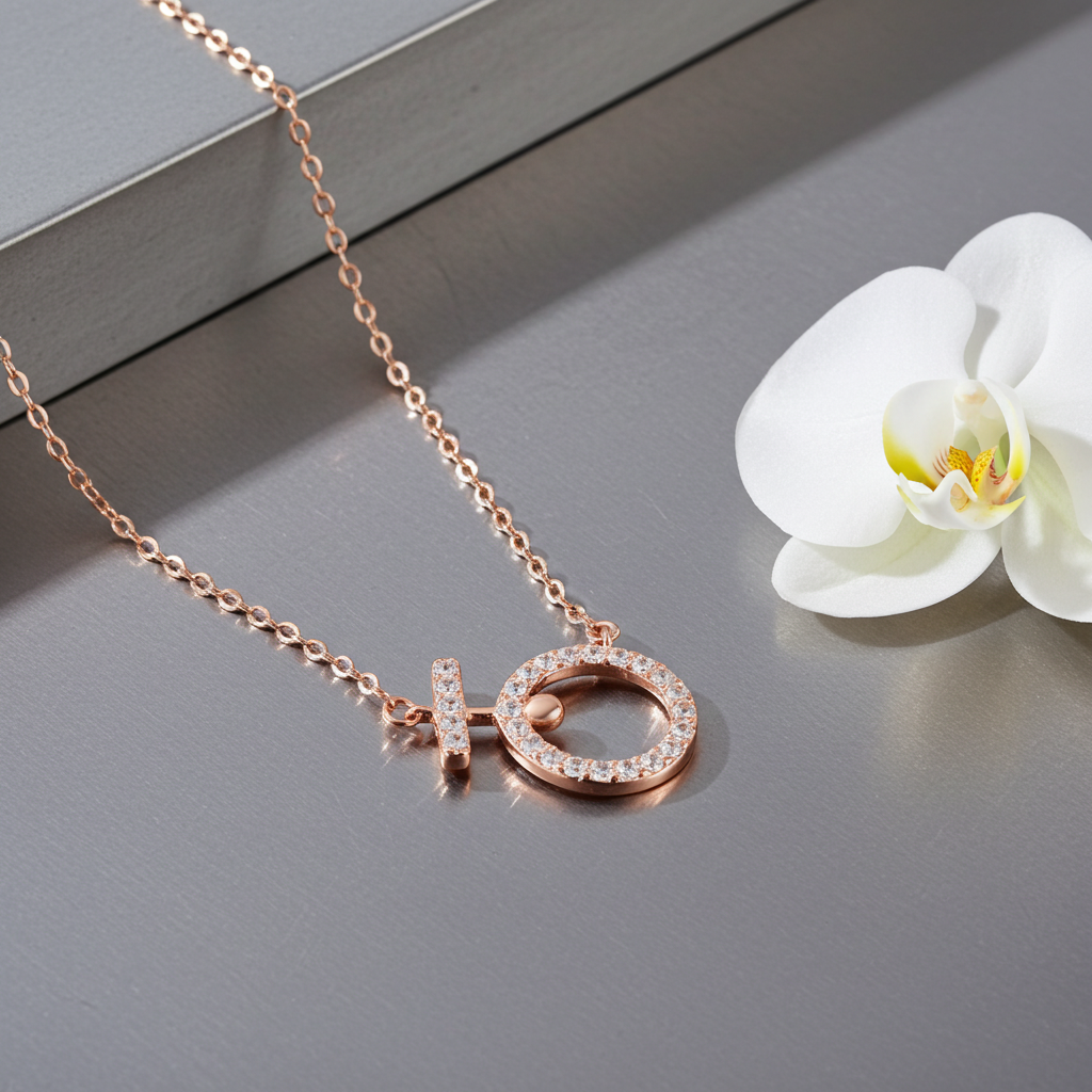 Collier pendentif cercle zirconium or rose posé avec fleur blanche
